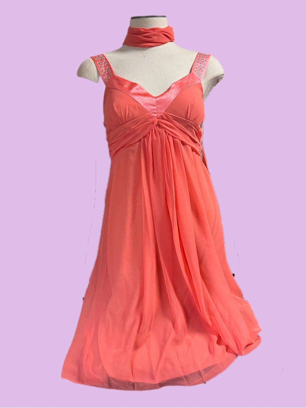 Embellished Coral Midi Dress with V-Neck and Draped Bodice